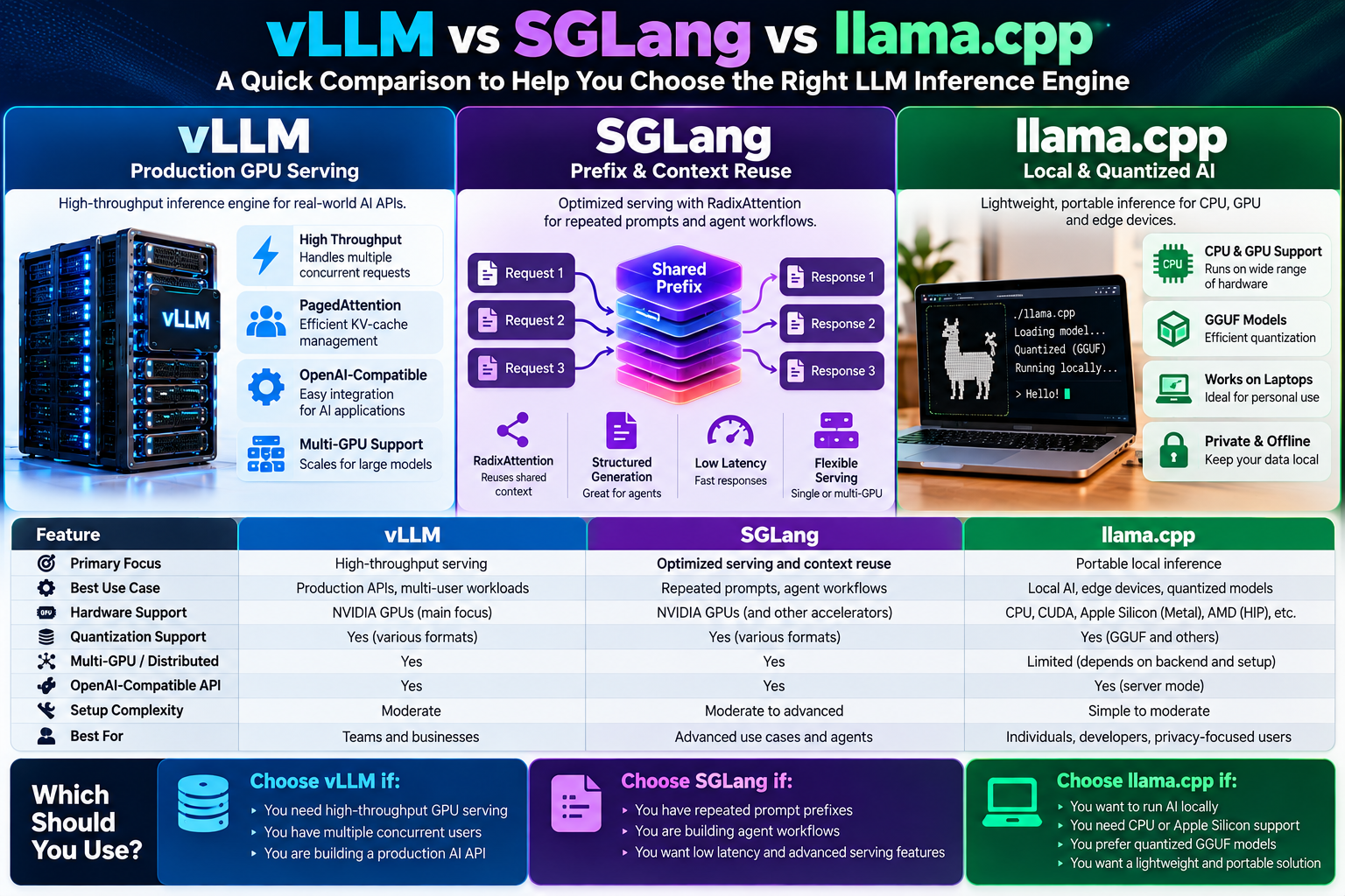 vLLM vs SGLang vs llama.cpp comparison infographic showing GPU-based production serving, prefix caching and agent workflows, local quantized AI, hardware support, and recommended use cases.